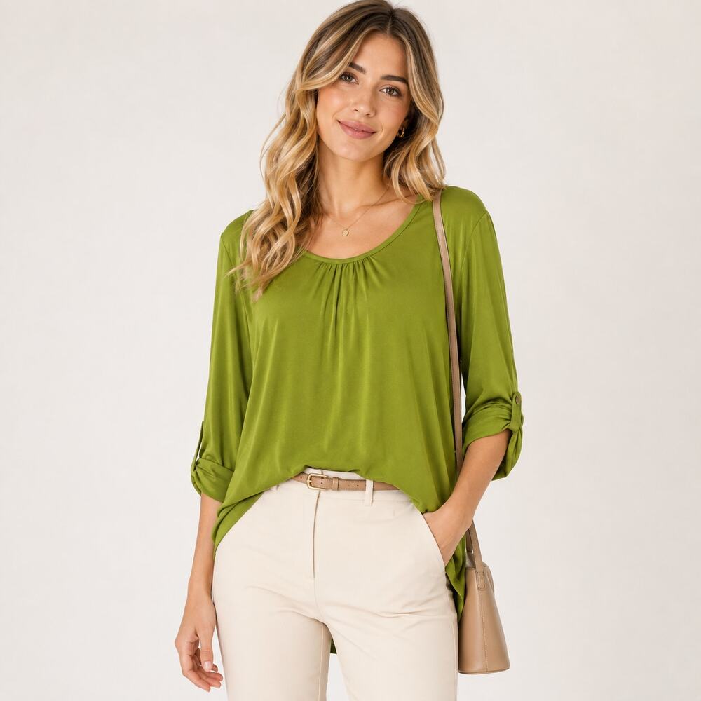Susan Graver Liquid Knit Blouse Women's Size XL Green Office Casual Minimalist